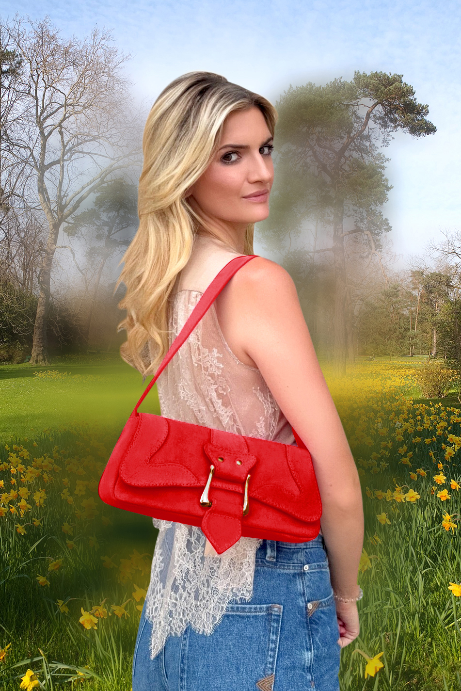 Dress small handbag in scarlet red leather - Top view